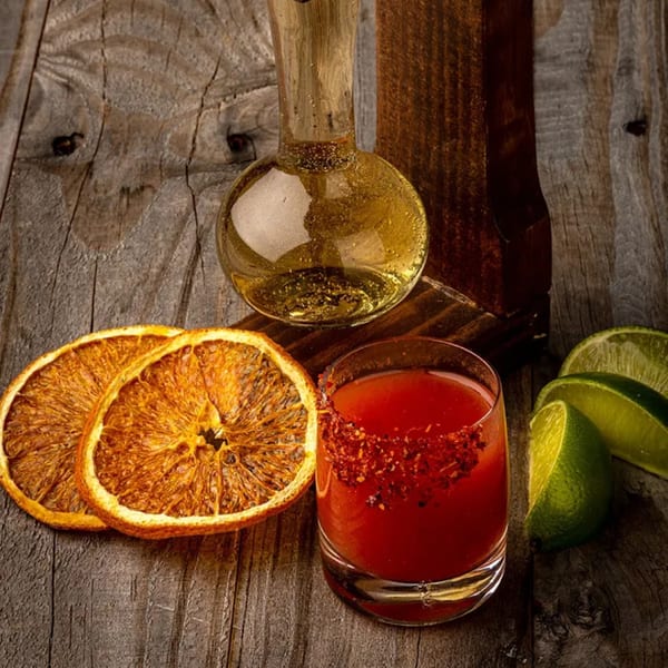 A Mexican drink with chili rim, dried oranges, limes, and a tequila bottle on a wooden table.